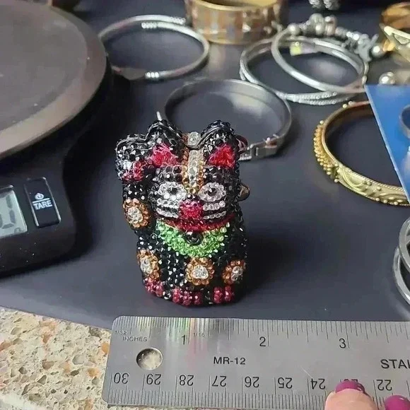 Rhinestones black lucky cat trinket box jewelry box small size good luck kitten - Picture 15 of 15